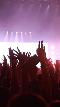 A vertical first-person perspective from the middle of a cheering crowd at a live music festival. Silhouetted hands are raised against bright purple stage lighting and a glowing background.