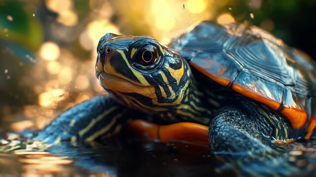 Wet turtle in water, likely after rain, with clear droplets on shell reflecting light.