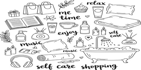 Self Care Doodle Illustration Set with Relax, Bath, Music, Shopping and Me Time Elements for Wellness and Lifestyle Design Projects