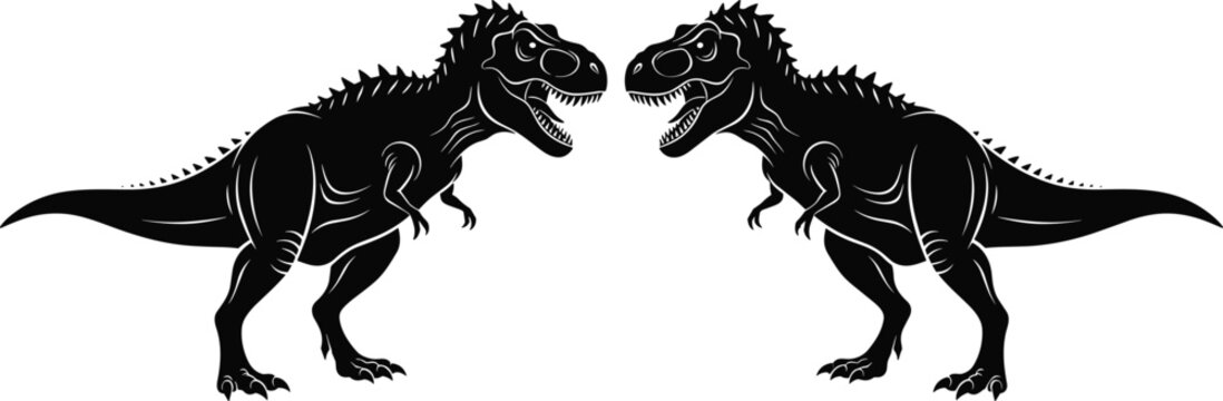 Silhouette illustration of two Tyrannosaurus rex dinosaurs facing each other in dynamic stance with open mouths, sharp teeth, spines, claws, and muscular legs