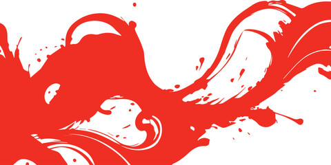 Abstract red background with paint splashes and liquid ink drops creates a grunge heart shape illustration for a Valentine card design with floral vector art and blood color romance symbols