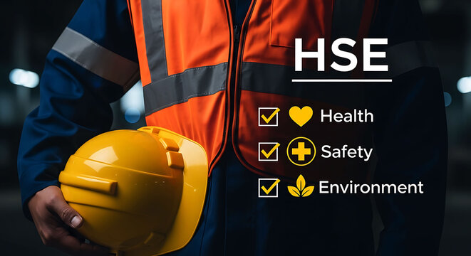 HSE Health Safety and Environment Concept Worker with Helmet and Vest