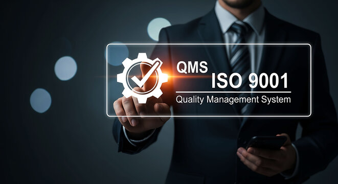 Businessman touching ISO 9001 QMS quality management system certification