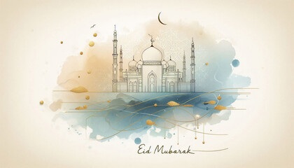 Minimal Mosque Line Drawing with Soft Artistic Watercolor Eid Mubarak Poster Design