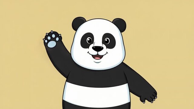 Cartoon panda bear waving hand on yellow background for advertising