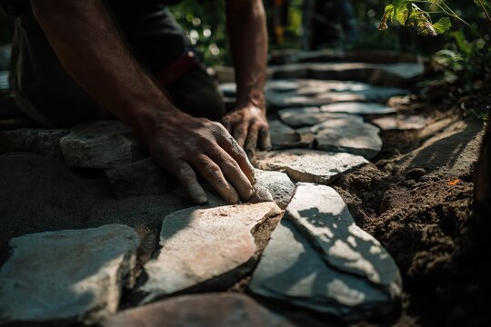 Mason carefully laying natural flagstone path through garden, level tool in hand