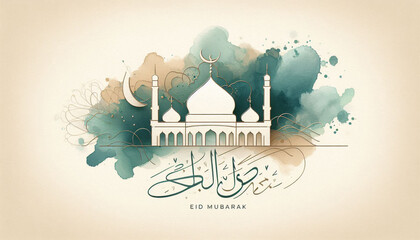 Soft Watercolor Islamic Background with Minimal Mosque Line Art Eid Mubarak Text