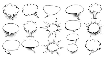 Set of various blank comic book panels and speech bubbles with halftone shadows is shown for creative storytelling projects. © Shipon