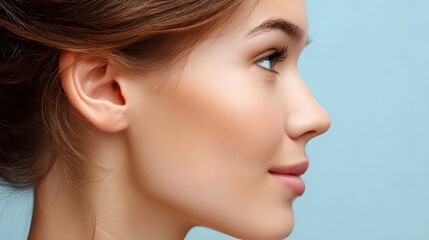Fototapeta premium Close up view of a female ear with loose hair styled behind set against a bright sky blue studio background illuminated by soft even lighting