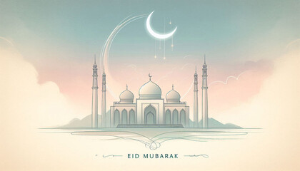 Soft Watercolor Islamic Background with Minimal Mosque Line Art Eid Mubarak Text