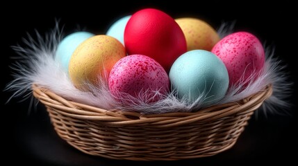 Obraz premium A basket of colorful eggs with a black background. The basket is filled with a variety of eggs, including some that are blue, green, and red