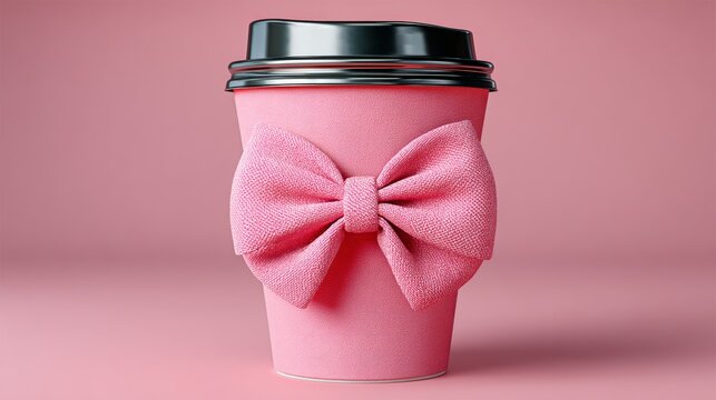 A pink cup with a bow on it. The bow is made of fabric and is tied around the cup