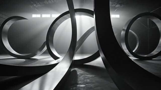 Abstract sculptural forms intersect and overlap in a light-filled industrial space, creating a dynamic composition.