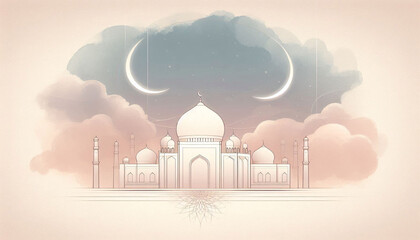 Modern Minimal Islamic Architecture Line Drawing with Watercolor Eid Background