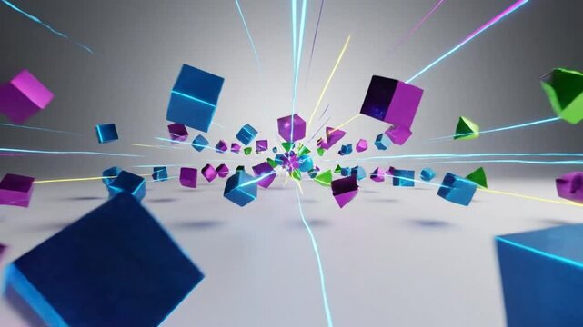 Abstract 3D animation of geometric shapes exploding outward with colorful energy lines on a gradient background