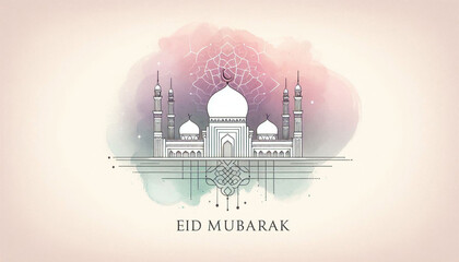 Modern Minimal Islamic Architecture Line Drawing with Watercolor Eid Background