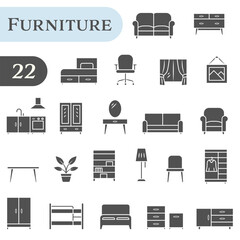 Furniture icons for interior design, comfort, and home design. Flooded interior icons.