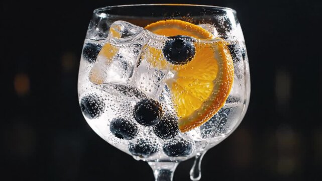 Elegant gin tonic cocktail featuring fresh blueberry and citrus orange slice in a balloon glass against a dark moody background for sophisticated luxury mixology and premium bar photography