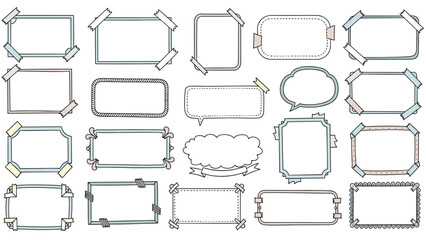 Set of twenty hand-drawn style frames and sticky notes with tape and dotted borders for a creative and personalized graphic design look.