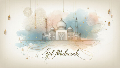 Minimalist Eid Mubarak Greeting with Mosque Line Art and Soft Watercolor Texture