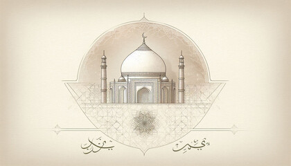 Minimalist Eid Mubarak Greeting with Mosque Line Art and Soft Watercolor Texture