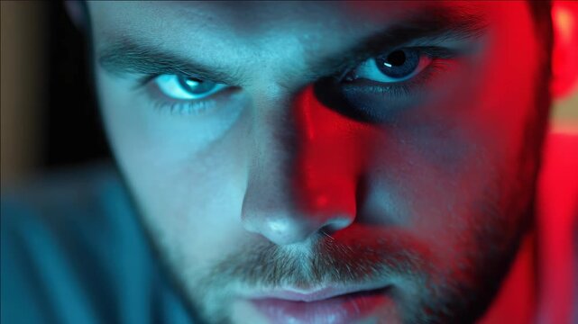 Man looking at digital device with serious expression.