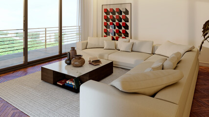 Obraz premium Large luxury modern bright interiors Living room mockup illustration 3D rendering Digitally Generated Image