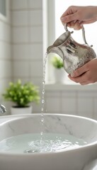 Close-up of hands pouring water from a decorative silver pitcher into a white marble sink with green potted plants in the background and bright natural light