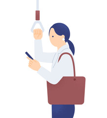 電車通勤のスキマ時間で情報収集するビジネスパーソン。つり革を持ちスマホを見る女性のイラスト素材。