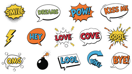 Obraz premium Colorful collection of comic book style speech bubbles explosion clouds and action symbols with playful text for creative and dynamic storytelling.