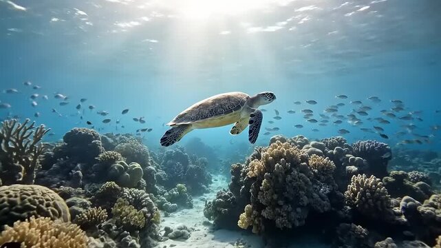Underwater Sea Turtle Swimming Near Coral Reef.