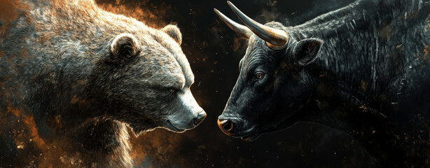A fierce battle between a bull and a bear symbolizes market trends and financial struggles in modern economy