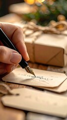 Hand Writing Greeting Card With Fountain Pen And Gift Boxes Background During Christmas Season Warm Lighting