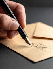 Close Up Of Hand Writing With A Fountain Pen On A Kraft Paper Envelope With A Dark Background And Soft Lighting