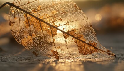 Close Up Macro View of Delicate Translucent Autumn Leaf Skeleton Illuminated by Warm Golden Sunlight Creating Intricate Patterns and Soft Bokeh Background