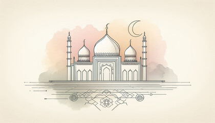 Clean Minimal Mosque Line Icon with Watercolor Islamic Eid Festival Design