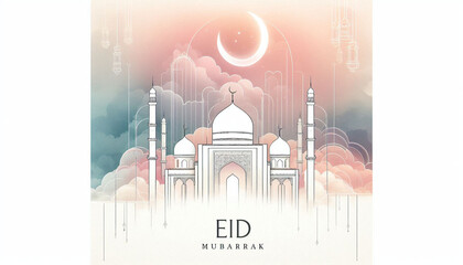 Minimal Islamic Mosque Illustration with Soft Pastel Watercolor Spiritual Background