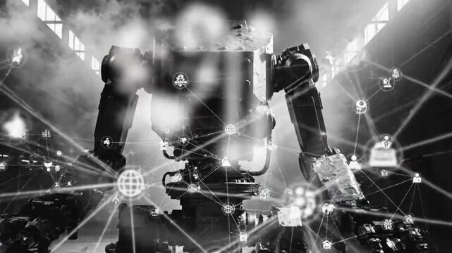 Futuristic Robot Technology Network Communication Concept with Data Sharing in Industrial Warehouse Setting