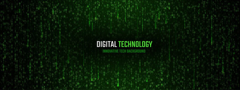 Green matrix code streams down dark screen with binary numbers creating futuristic cyber rain effect and technological data visualization in digital hacker interface background.