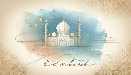 Minimal Islamic Mosque Illustration with Soft Pastel Watercolor Spiritual Background