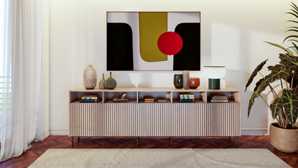 Naklejka premium Large luxury modern bright interiors Living room mockup illustration 3D rendering Digitally Generated Image