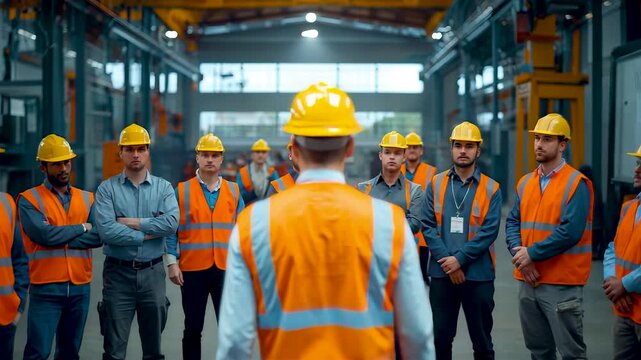 Factory supervisor addressing team of workers wearing safety helmets and reflective vests inside industrial warehouse
