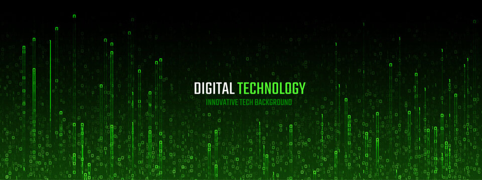 Digital green code rain flows through black background with binary data streams creating matrix-style cyber security theme for technology and programming interface design.