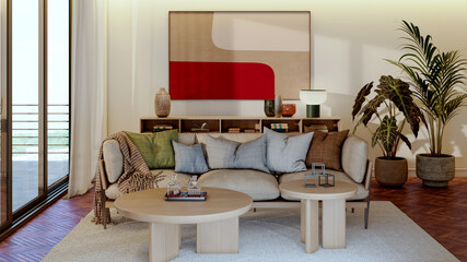 Naklejka premium Large luxury modern bright interiors Living room mockup illustration 3D rendering Digitally Generated Image