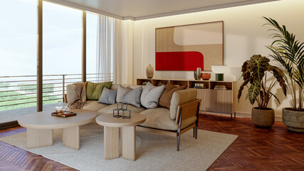 Naklejka premium Large luxury modern bright interiors Living room mockup illustration 3D rendering Digitally Generated Image