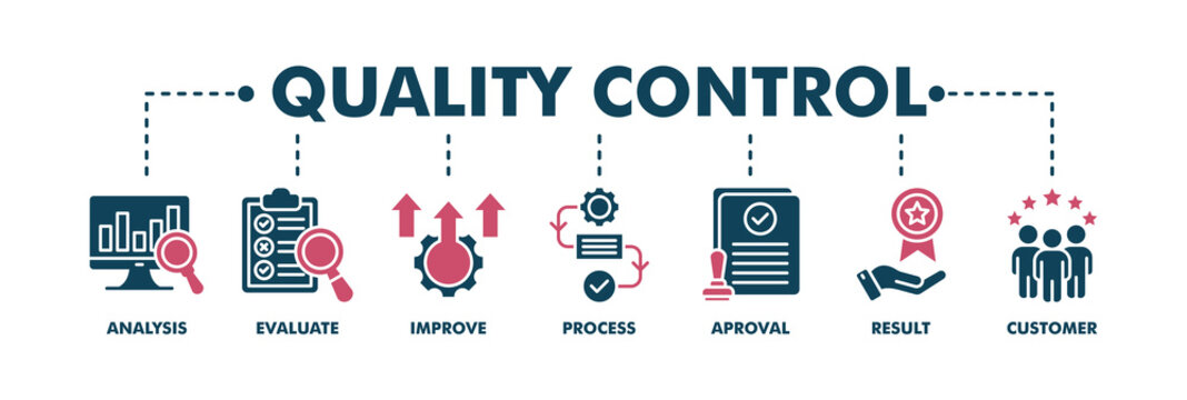 Quality control banner web fill vector illustration concept for product and service quality inspection with an icon of analysis, evaluation, improve, process, approval, result, and customer