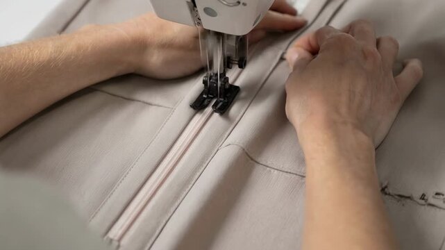 Medium shot of hands neatly sewing an invisible zipper into the center back seam of a lined dress showcasing precision and seam alignment.