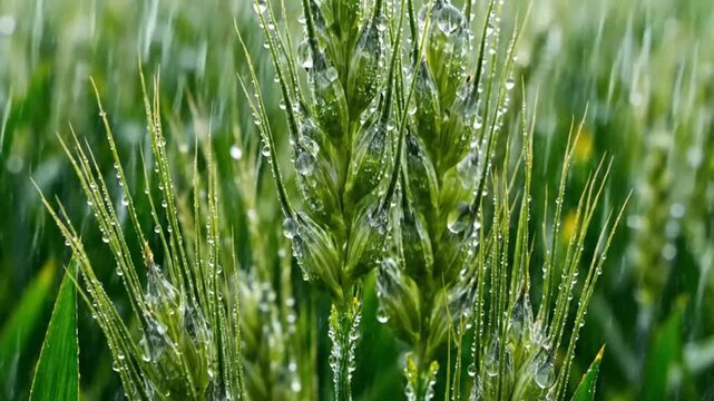 Raindrops Grace Green Wheat Plants in a Field on a Misty Day, Capturing Freshness