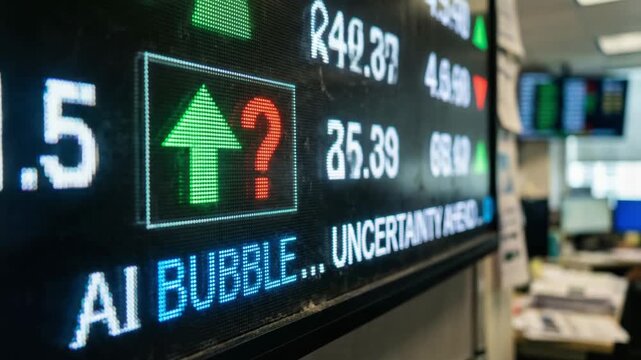 Digital stock market ticker displaying AI Bubble and Uncertainty text with glowing green arrow and red question mark for financial risk concept
