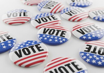 Fototapeta premium A collection of vote buttons with the american flag design, symbolizing the importance of voting in elections and democratic participation